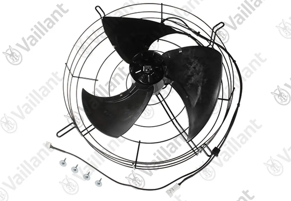 Vaillant Ventilator mit vier schwarzen Kunststoffblättern und Schutzgitter. Kabelverbindungen sind sichtbar, zusammen mit Schrauben zur Befestigung.